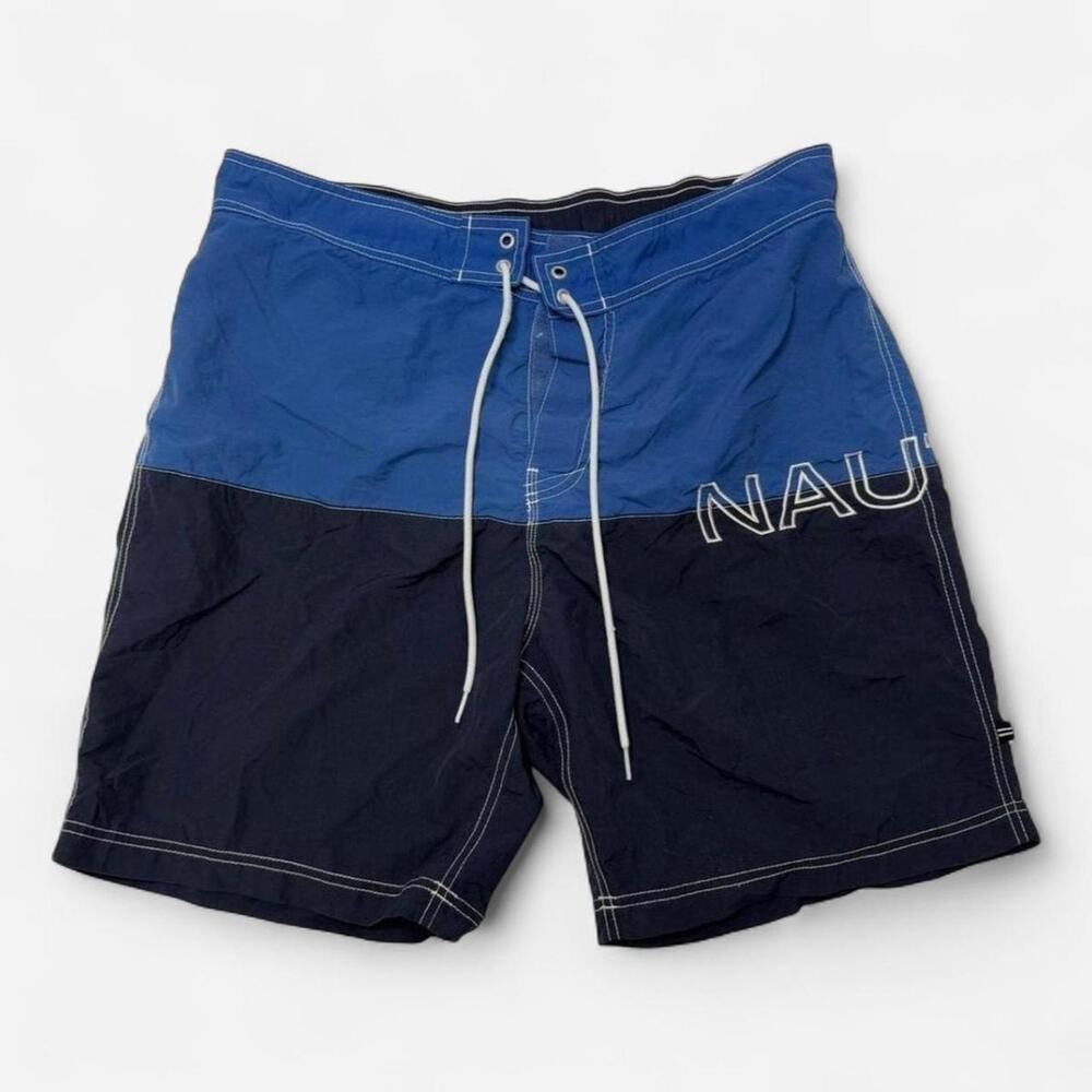 Nautica Men’s Large Blue Navy Colorblock Board Shorts Swim Trunks Logo